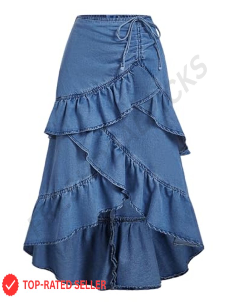 Asymmetrical Long Jean Skirt Ruched Tiered High Waisted Boho Maxi